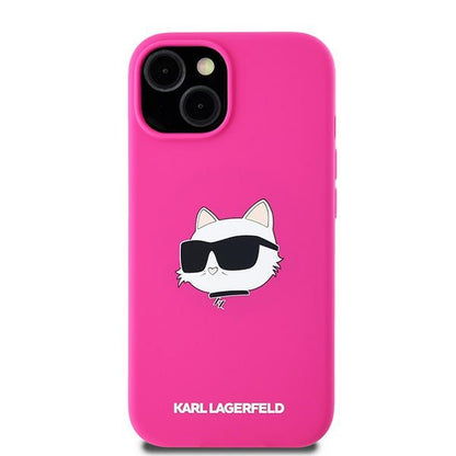 Pouzdro MagSafe pro Apple iPhone 15 Plus, Karl Lagerfeld, Silikonová Choupette's Head, Fuchsiová