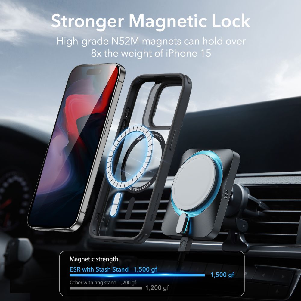 Pouzdro MagSafe pro Apple iPhone 15 Pro, ESR, Classic Hybrid Kickstand, Černé Transparentní