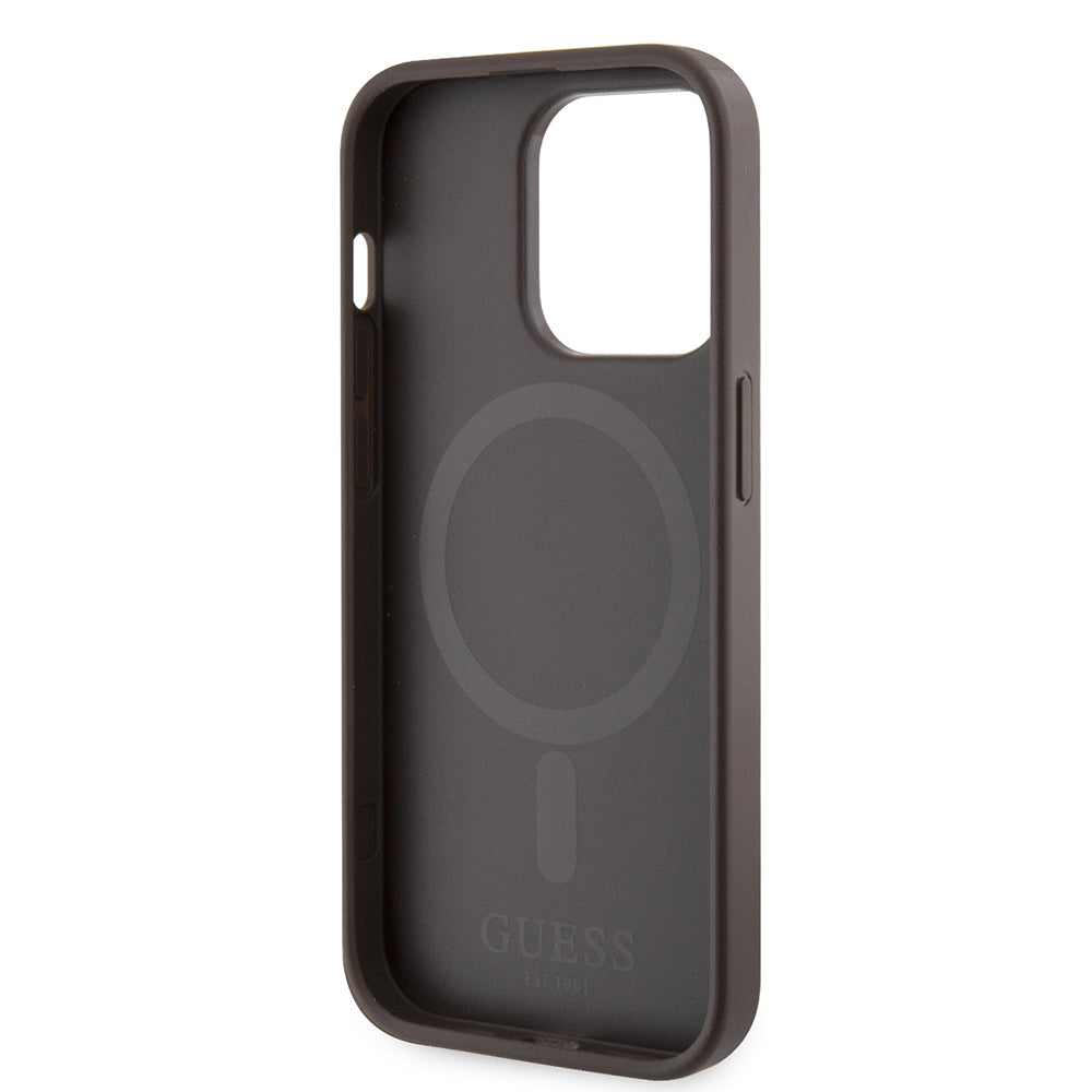 Pouzdro MagSafe pro Apple iPhone 15 Pro, Guess, 4G Printed Stripes, hnědá