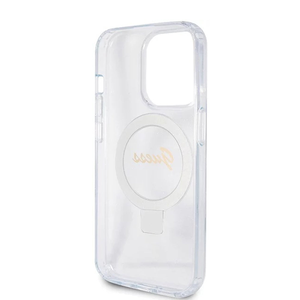MagSafe Case for Apple iPhone 15 Pro, Guess, IML Ring Stand Glitter, Transparent