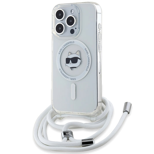 Pouzdro MagSafe pro Apple iPhone 15 Pro, Karl Lagerfeld, IML Crossbody Choupette's Head with Strap, Průhledné