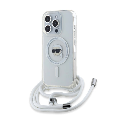 Pouzdro MagSafe pro Apple iPhone 15 Pro, Karl Lagerfeld, IML Crossbody Karl's Head, Průhledné