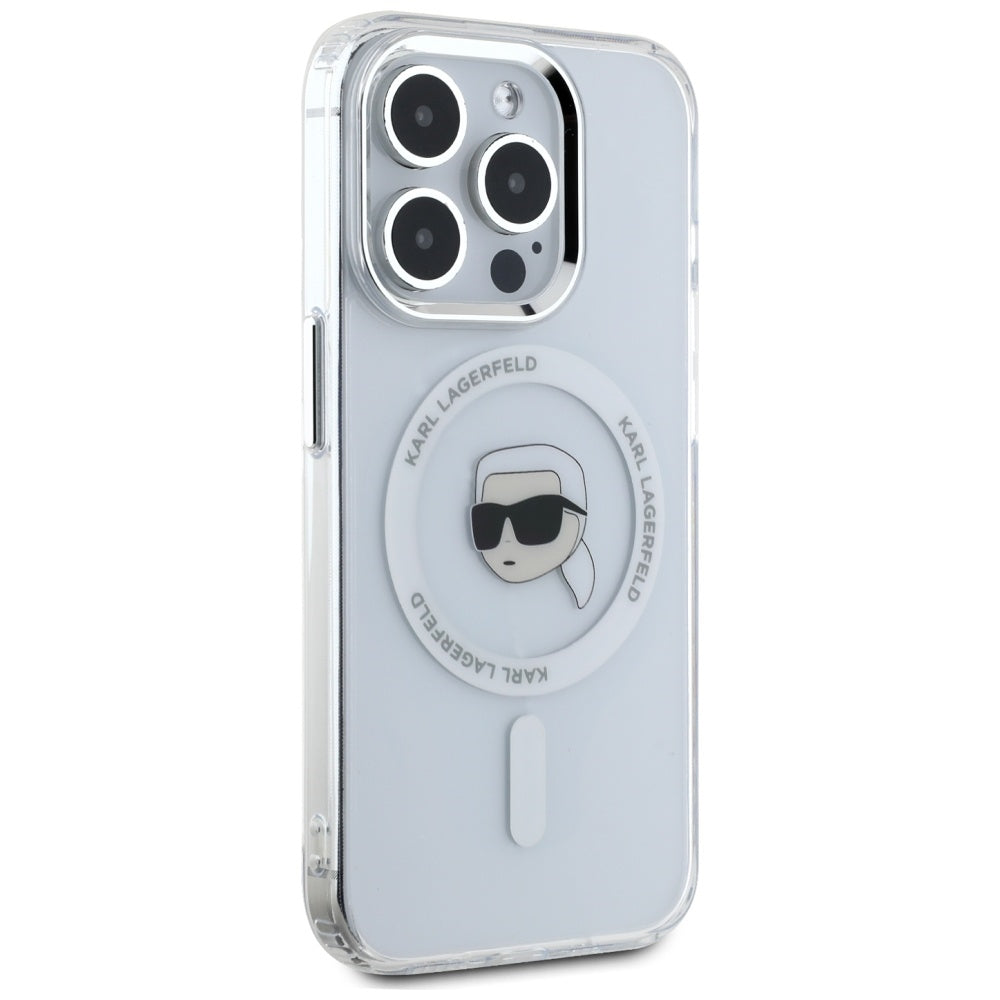 Pouzdro MagSafe pro Apple iPhone 15 Pro, Karl Lagerfeld, IML Metal Karl's Head, Bílá