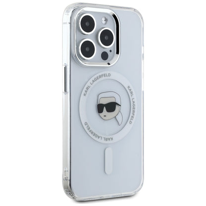 Pouzdro MagSafe pro Apple iPhone 15 Pro, Karl Lagerfeld, IML Metal Karl's Head, Bílá
