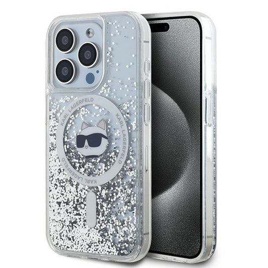 Pouzdro MagSafe pro Apple iPhone 15 Pro, Karl Lagerfeld, Liquid Glitter Choupette Head, Průhledné