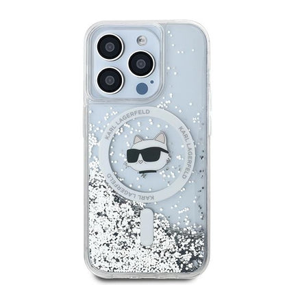 Pouzdro MagSafe pro Apple iPhone 15 Pro, Karl Lagerfeld, Liquid Glitter Choupette Head, Průhledné