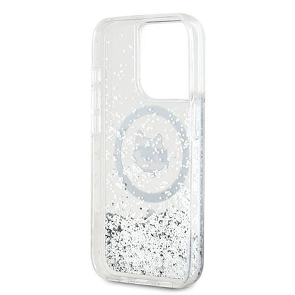 Pouzdro MagSafe pro Apple iPhone 15 Pro, Karl Lagerfeld, Liquid Glitter Choupette Head, Průhledné