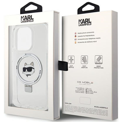 Pouzdro MagSafe pro Apple iPhone 15 Pro, Karl Lagerfeld, Ring Stand Choupette's Head, Bílá