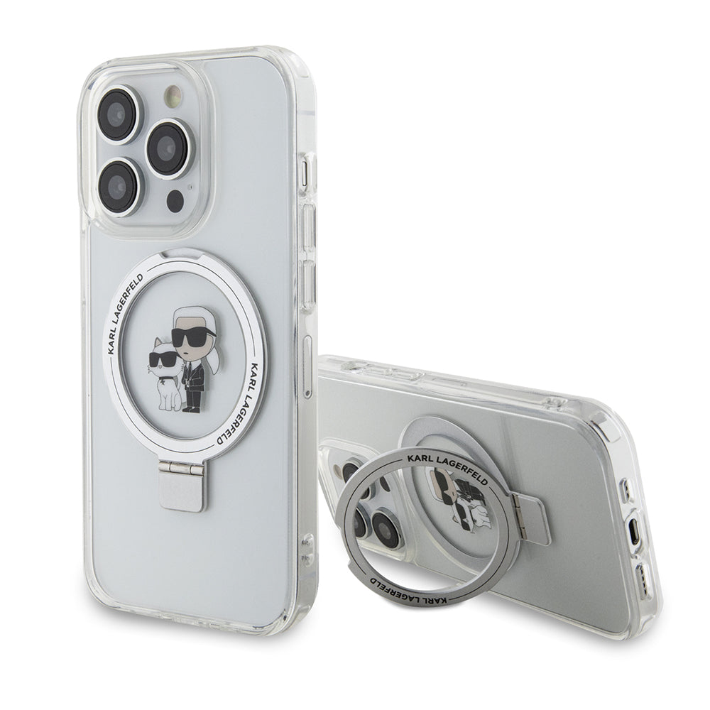 Pouzdro MagSafe pro Apple iPhone 15 Pro, Karl Lagerfeld, Ring Stand Karl & Choupette, Bílá