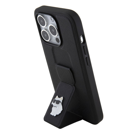 Pouzdro MagSafe pro Apple iPhone 15 Pro, Karl Lagerfeld, Saffiano Gripstand Choupette, Černá
