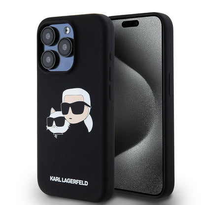 Pouzdro MagSafe pro Apple iPhone 15 Pro, Karl Lagerfeld, Silikonové Karl & Choupette's Heads, Černé