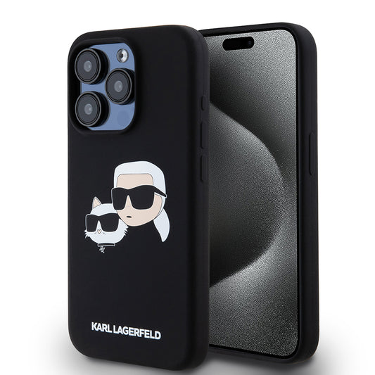 Pouzdro MagSafe pro Apple iPhone 15 Pro, Karl Lagerfeld, Silikonové Karl & Choupette's Heads, Černé
