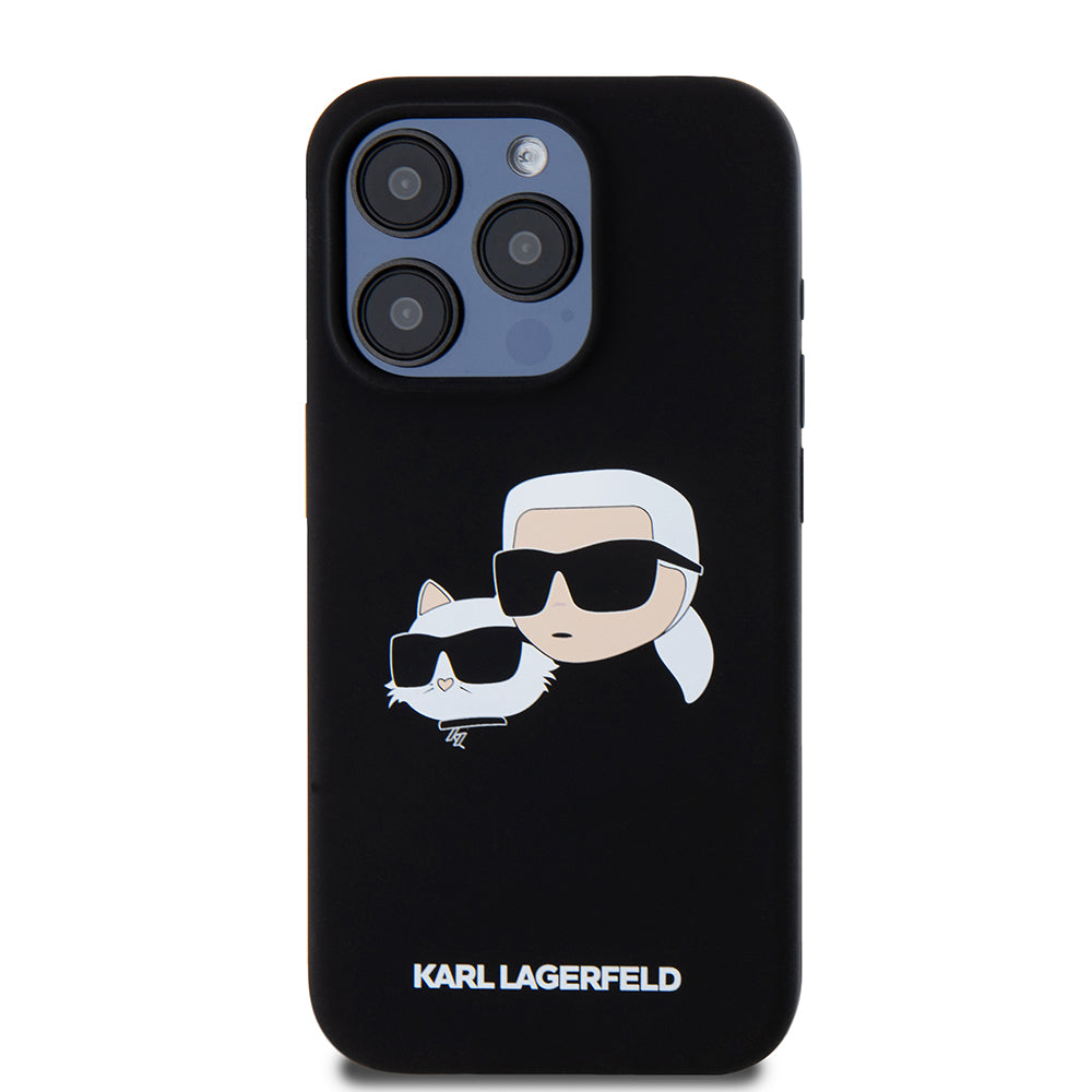 Pouzdro MagSafe pro Apple iPhone 15 Pro, Karl Lagerfeld, Silikonové Karl & Choupette's Heads, Černé