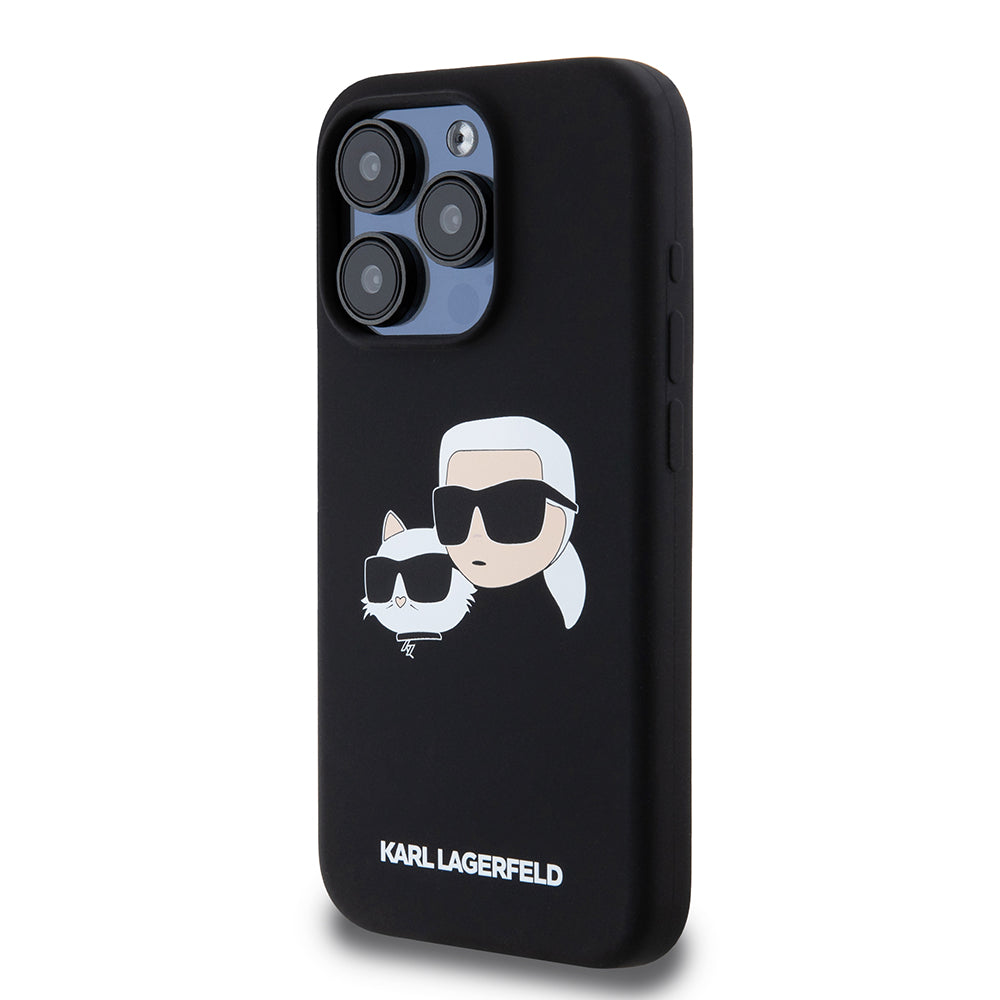 Pouzdro MagSafe pro Apple iPhone 15 Pro, Karl Lagerfeld, Silikonové Karl & Choupette's Heads, Černé