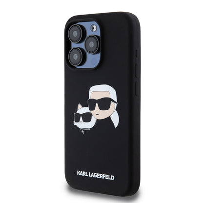 Pouzdro MagSafe pro Apple iPhone 15 Pro, Karl Lagerfeld, Silikonové Karl & Choupette's Heads, Černé