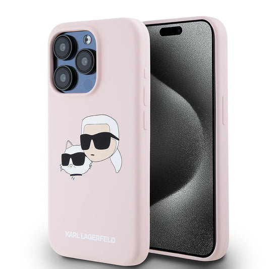 Pouzdro MagSafe pro Apple iPhone 15 Pro, Karl Lagerfeld, Silikonové hlavy Karla & Choupette, Růžové
