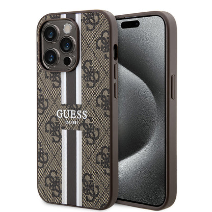 Pouzdro MagSafe pro Apple iPhone 15 Pro Max, Guess, 4G Printed Stripes, hnědá