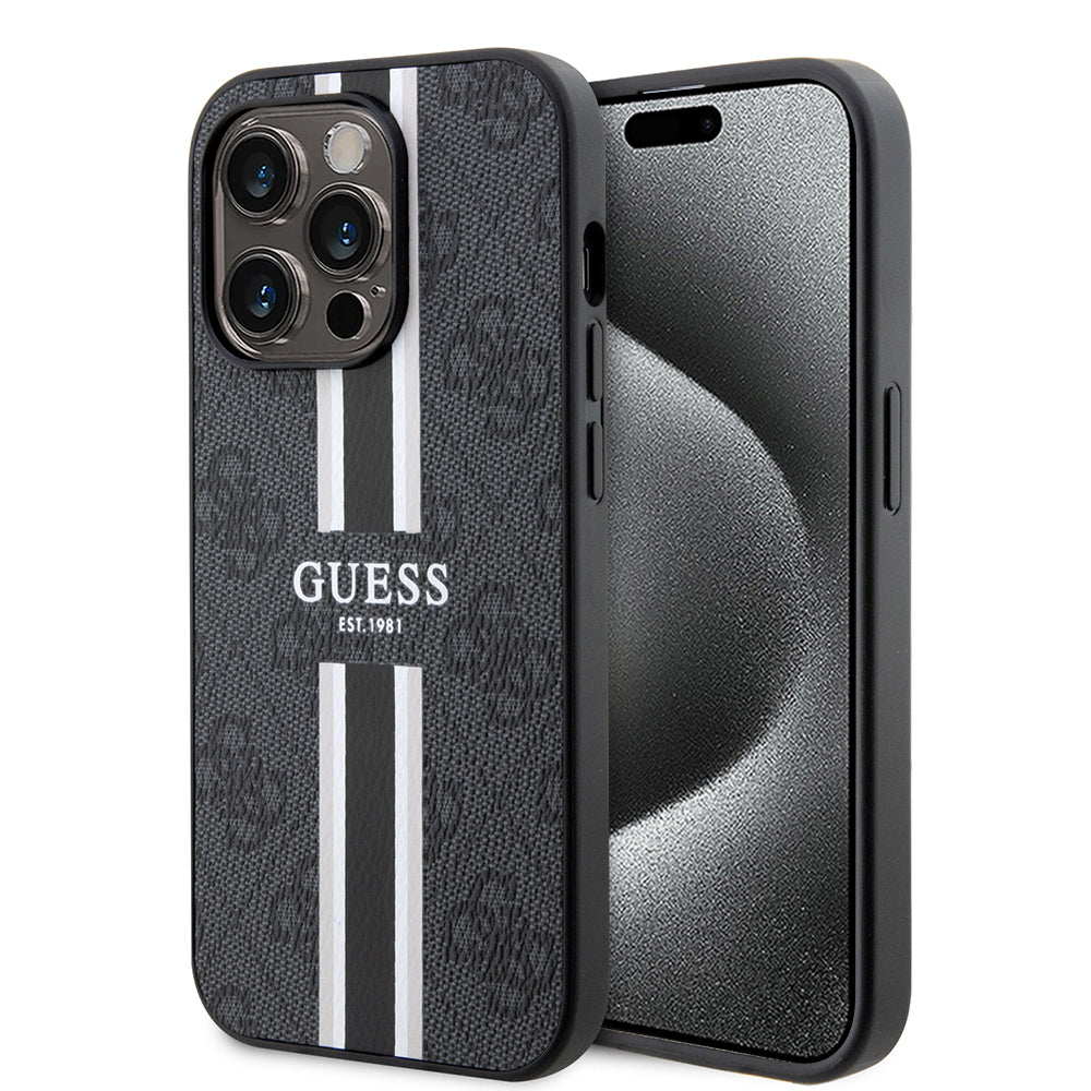 Pouzdro MagSafe pro Apple iPhone 15 Pro Max, Guess, 4G Printed Stripes, Černá