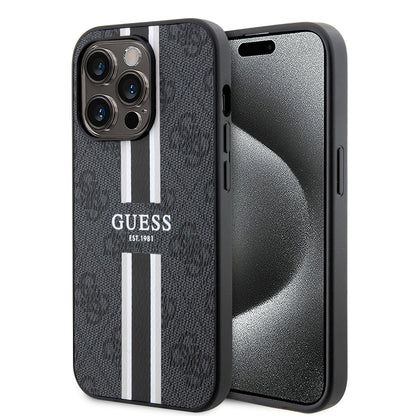 Pouzdro MagSafe pro Apple iPhone 15 Pro Max, Guess, 4G Printed Stripes, Černá