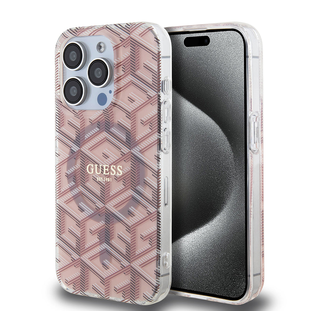 Pouzdro MagSafe pro Apple iPhone 15 Pro Max, Guess, IML Gcube, Růžové