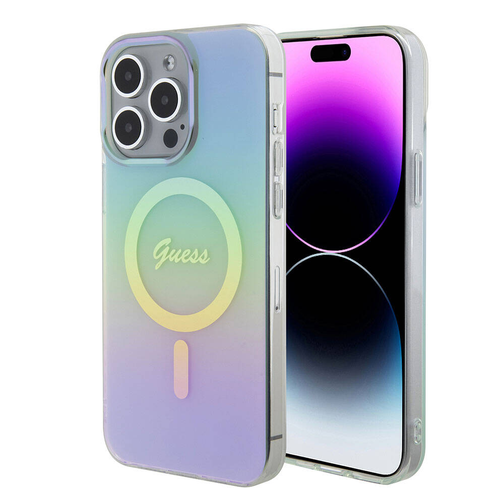 Pouzdro MagSafe pro Apple iPhone 15 Pro Max, Guess, IML Iridescent, Tyrkysová
