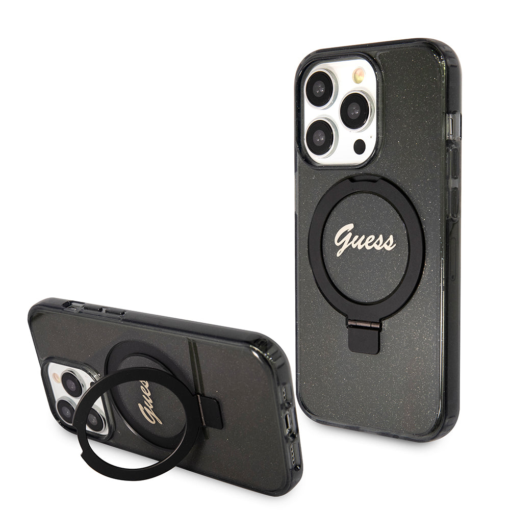 Pouzdro MagSafe pro Apple iPhone 15 Pro Max, Guess, IML Ring Stand Glitter, Černá