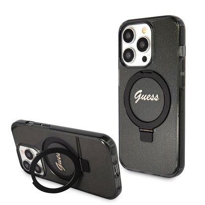 Pouzdro MagSafe pro Apple iPhone 15 Pro Max, Guess, IML Ring Stand Glitter, Černá