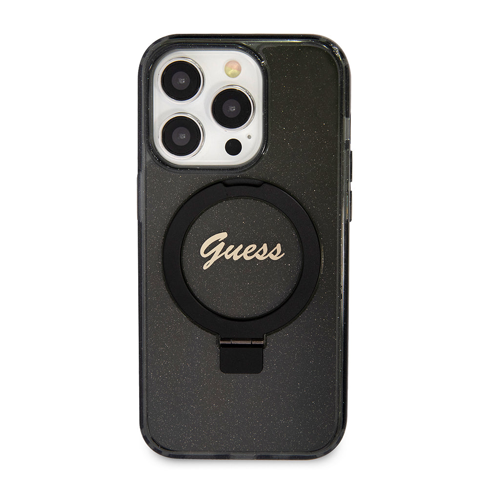 Pouzdro MagSafe pro Apple iPhone 15 Pro Max, Guess, IML Ring Stand Glitter, Černá