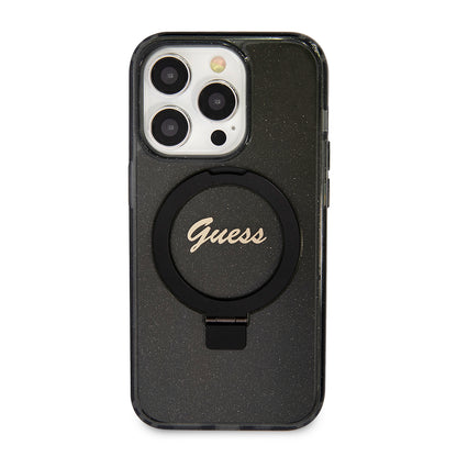 Pouzdro MagSafe pro Apple iPhone 15 Pro Max, Guess, IML Ring Stand Glitter, Černá