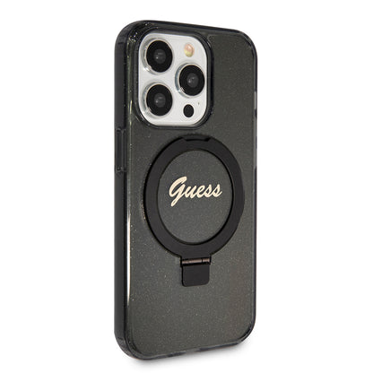 Pouzdro MagSafe pro Apple iPhone 15 Pro Max, Guess, IML Ring Stand Glitter, Černá