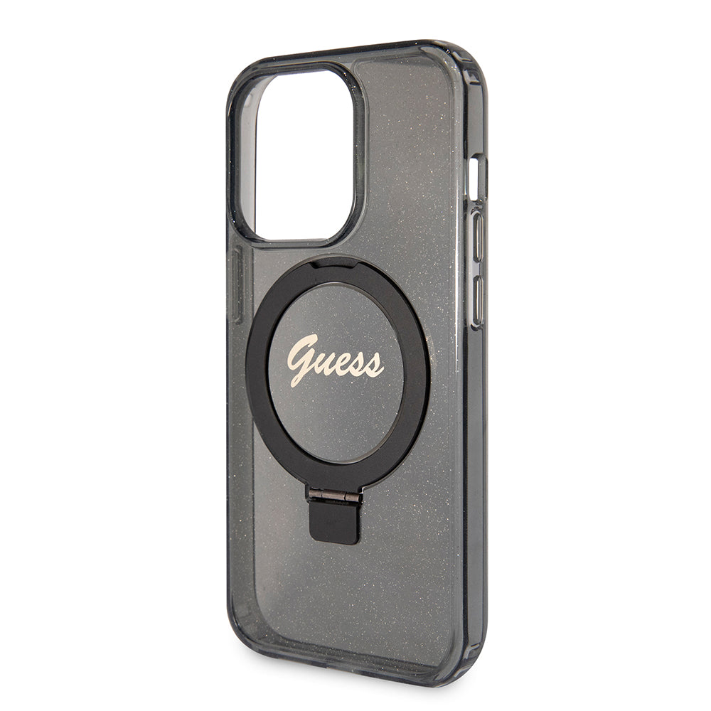 Pouzdro MagSafe pro Apple iPhone 15 Pro Max, Guess, IML Ring Stand Glitter, Černá