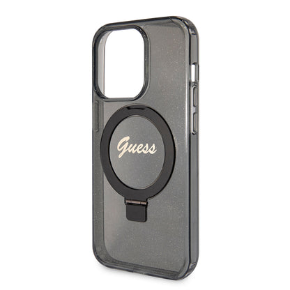 Pouzdro MagSafe pro Apple iPhone 15 Pro Max, Guess, IML Ring Stand Glitter, Černá