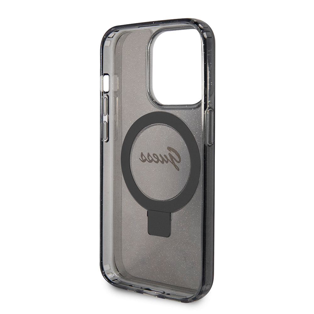 Pouzdro MagSafe pro Apple iPhone 15 Pro Max, Guess, IML Ring Stand Glitter, Černá