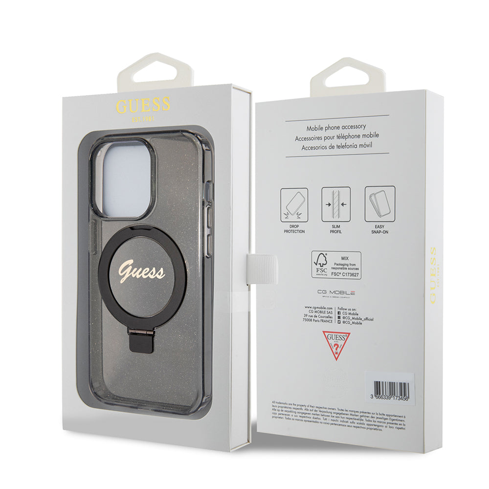 Pouzdro MagSafe pro Apple iPhone 15 Pro Max, Guess, IML Ring Stand Glitter, Černá