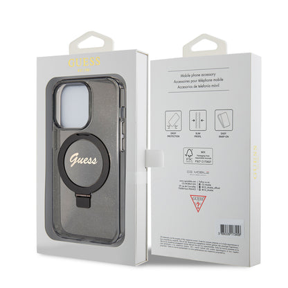Pouzdro MagSafe pro Apple iPhone 15 Pro Max, Guess, IML Ring Stand Glitter, Černá