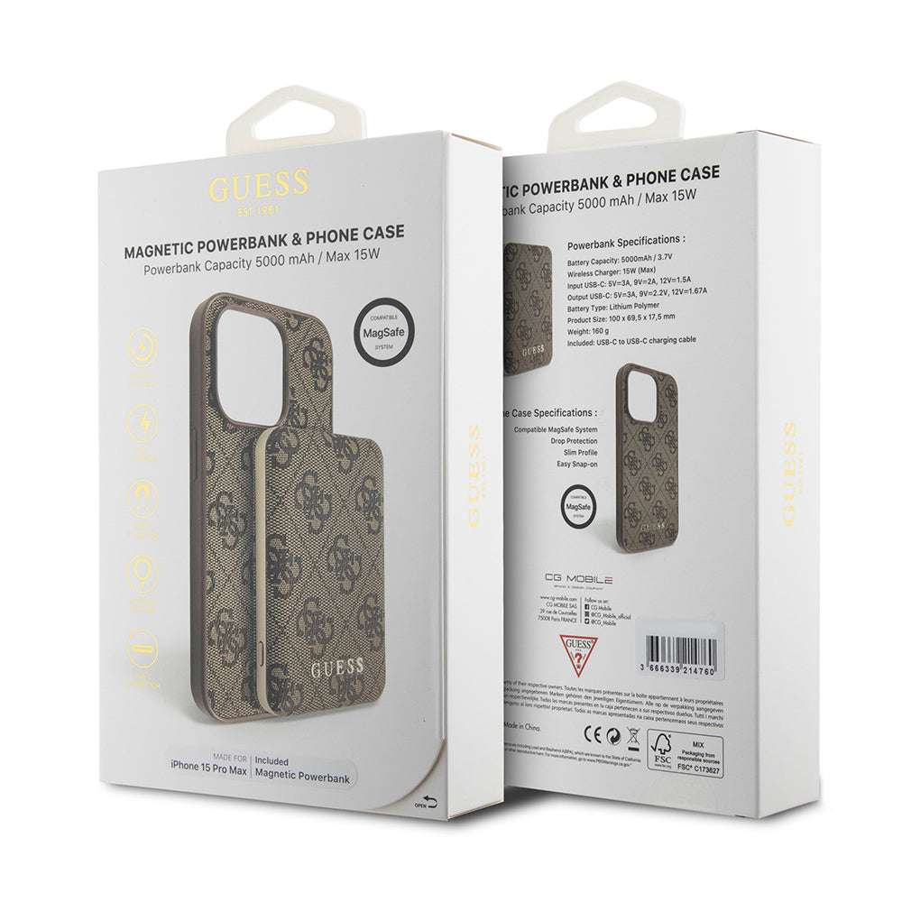 Pouzdro MagSafe pro Apple iPhone 15 Pro Max, Guess, Powerbank 4G Metal Logo, Hnědá
