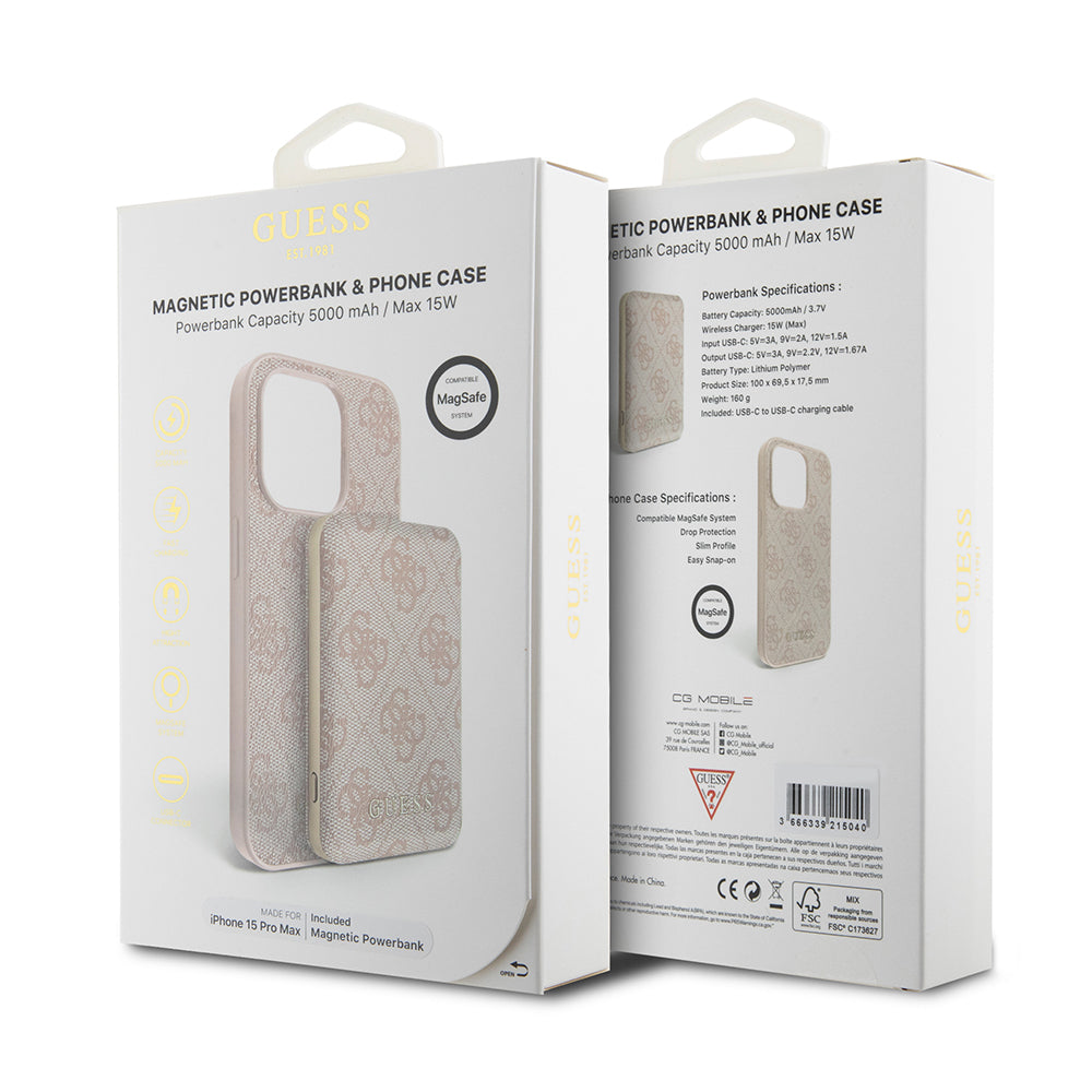 Pouzdro MagSafe pro Apple iPhone 15 Pro Max, Guess, Powerbank 4G Metal Logo, Růžové