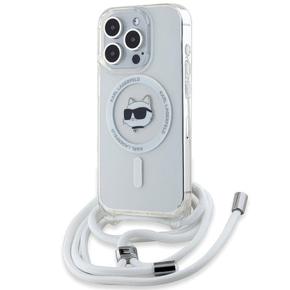 Pouzdro MagSafe pro Apple iPhone 15 Pro Max, Karl Lagerfeld, IML Crossbody Choupette's Head with Strap, Průhledné