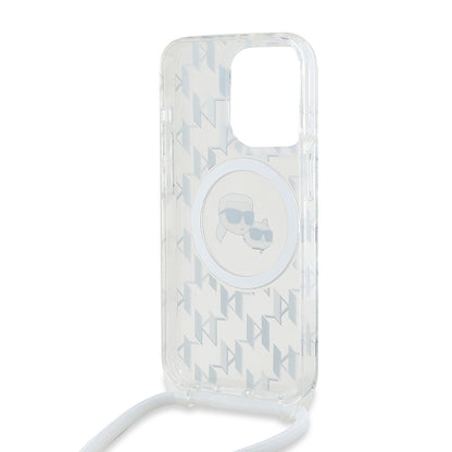 Pouzdro MagSafe pro Apple iPhone 15 Pro Max, Karl Lagerfeld, IML Crossbody Monogram Karl & Choupette's Heads, Transparentní
