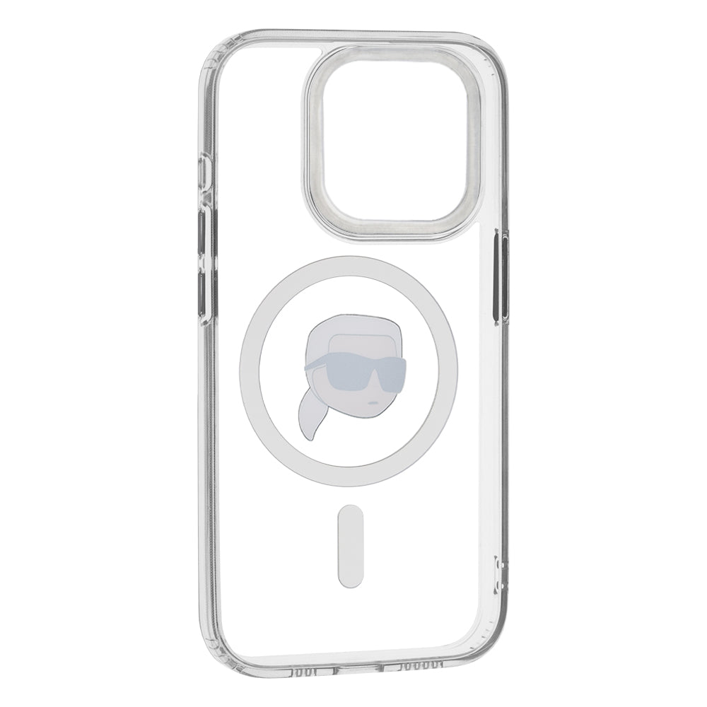 Pouzdro MagSafe pro Apple iPhone 15 Pro Max, Karl Lagerfeld, IML Metal Karl's Head, Bílá
