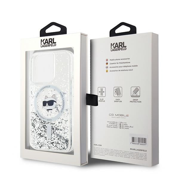 Pouzdro MagSafe pro Apple iPhone 15 Pro Max, Karl Lagerfeld, Liquid Glitter Choupette Head, Transparentní