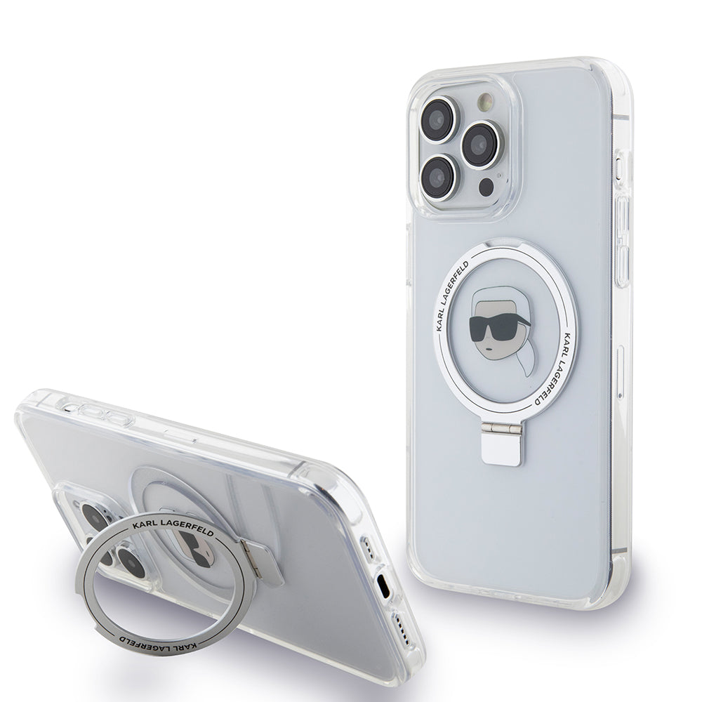 Pouzdro MagSafe pro Apple iPhone 15 Pro Max, Karl Lagerfeld, Ring Stand Karl's Head, Bílá