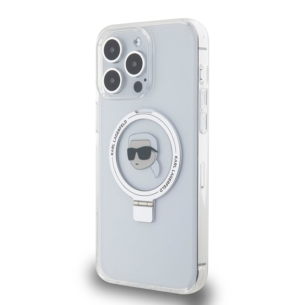 Pouzdro MagSafe pro Apple iPhone 15 Pro Max, Karl Lagerfeld, Ring Stand Karl's Head, Bílá