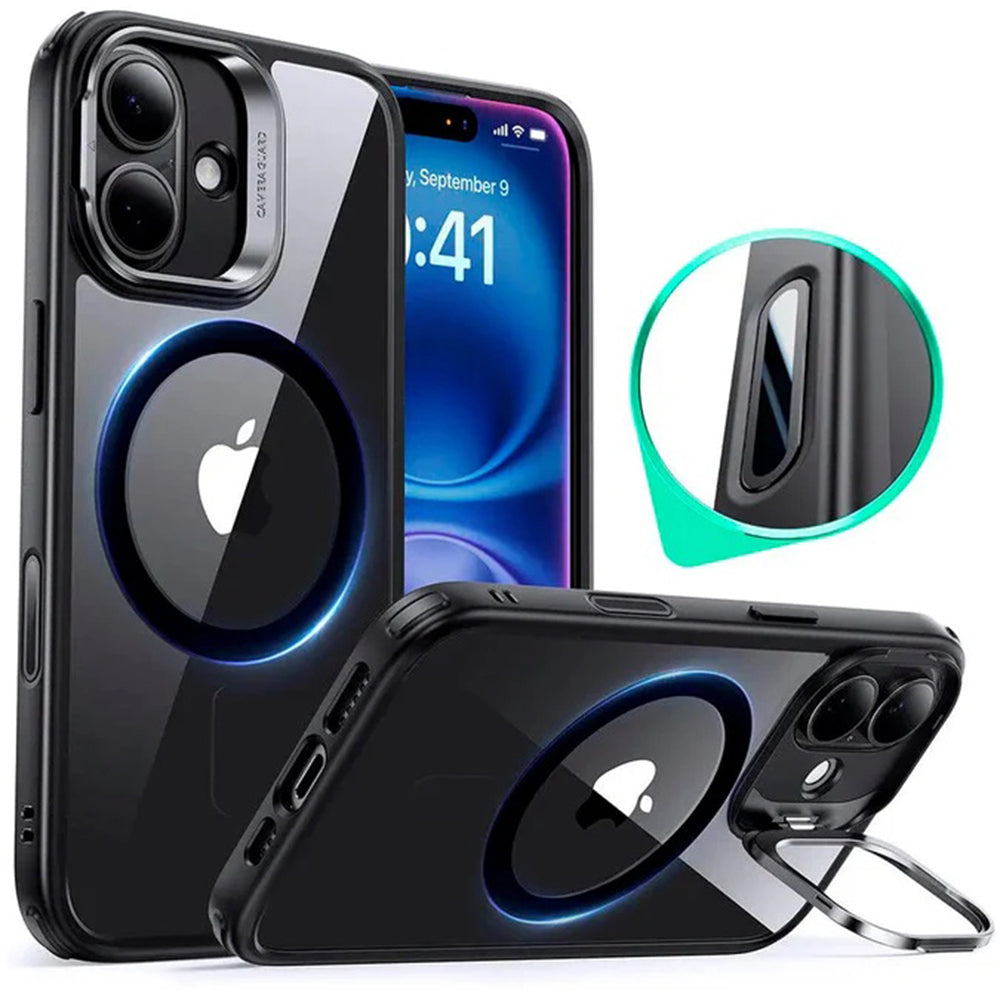 Pouzdro MagSafe pro Apple iPhone 16, ESR, Classic Hybrid Kickstand Slide, Černé průhledné