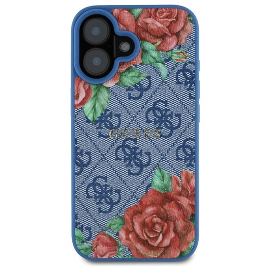 Pouzdro MagSafe pro Apple iPhone 16, Guess, 4G Flowers Print, Modrá