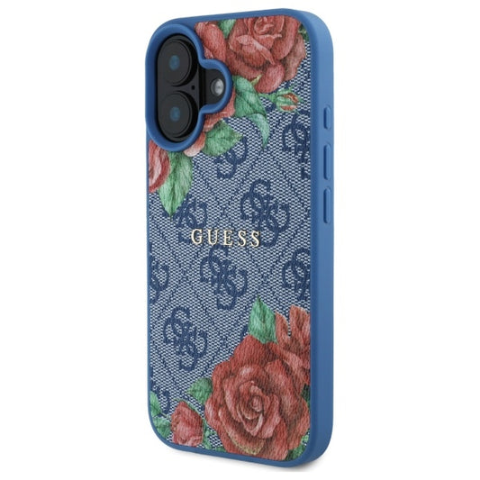 Pouzdro MagSafe pro Apple iPhone 16, Guess, 4G Flowers Print, Modrá