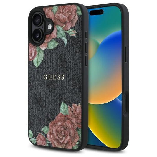 Pouzdro MagSafe pro Apple iPhone 16, Guess, 4G Flowers Print, Černá