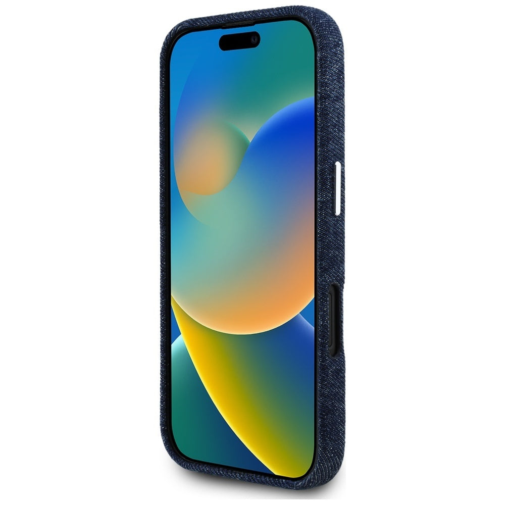 MagSafe Case for Apple iPhone 16, Guess, Denim Triangle Logo, Blue