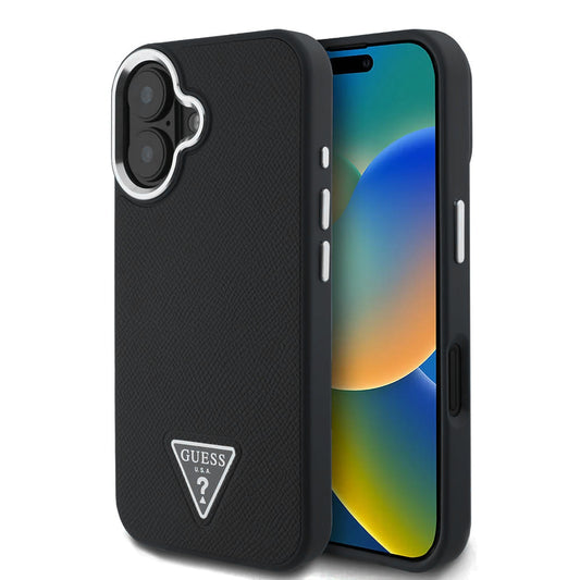 Pouzdro MagSafe pro Apple iPhone 16, Guess, Grained Triangle Logo, Černé