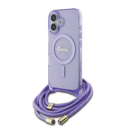 Pouzdro MagSafe pro Apple iPhone 16, Guess, IML Crossbody Cord Script, Fialová